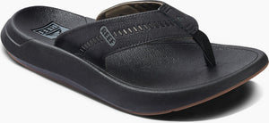 A black leather sandal.