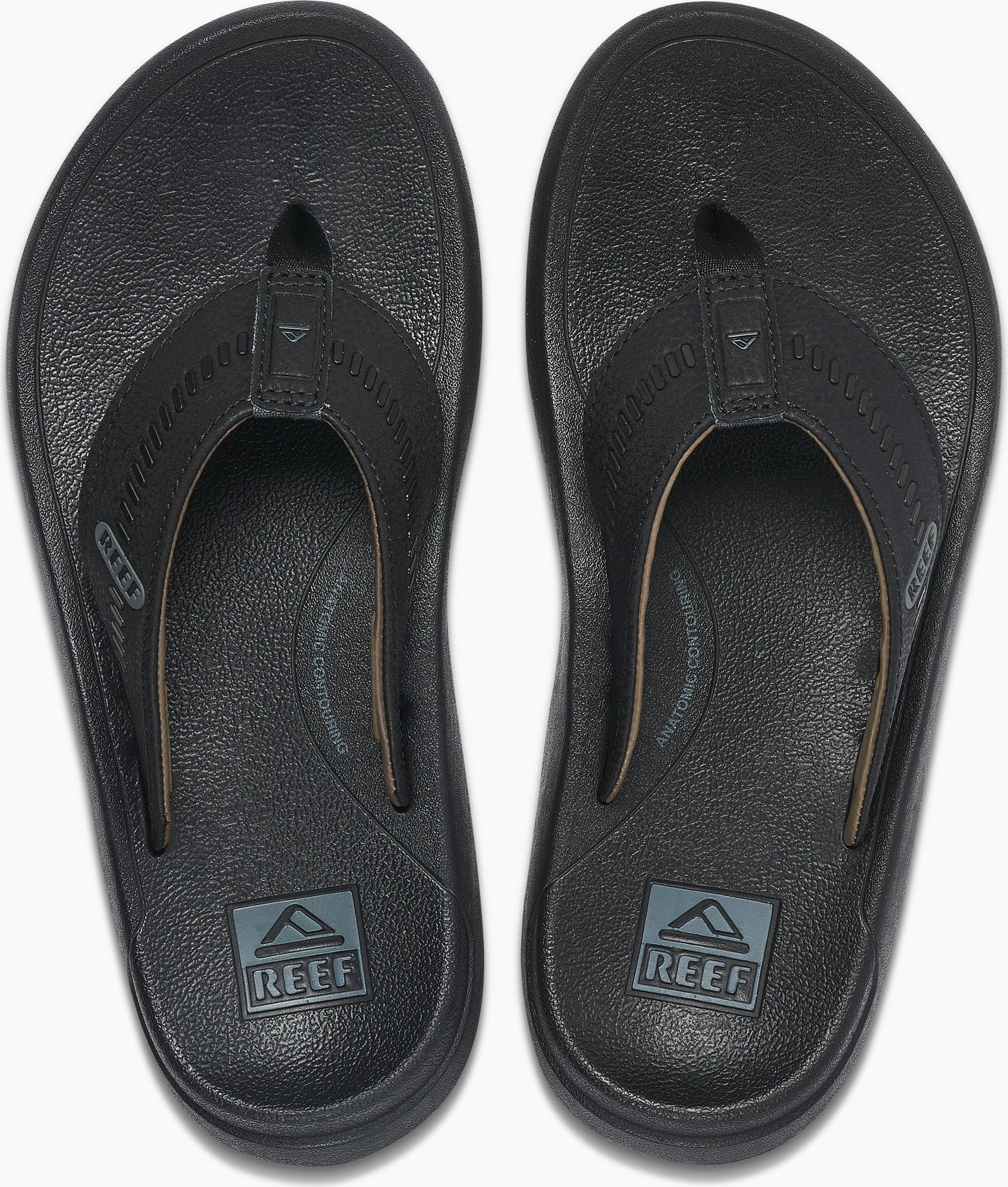 Overhead shot of black flip flops with textured straps and rectangular logo on the footbed.
