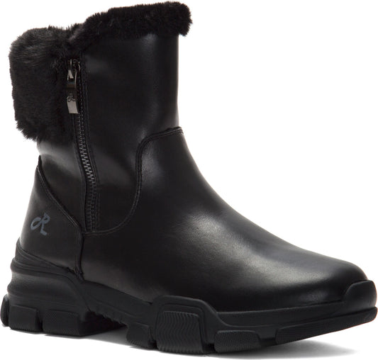 Black boot with faux fur collar, side zip closure, and lug sole.