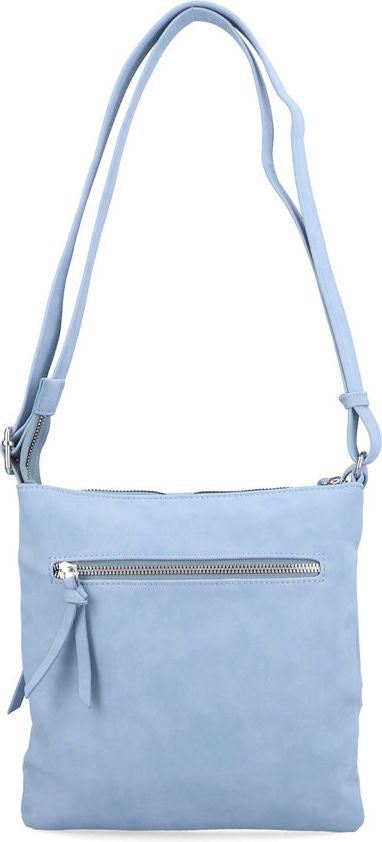 Light blue crossbody bag with adjustable shoulder strap and a zippered exterior pocket.