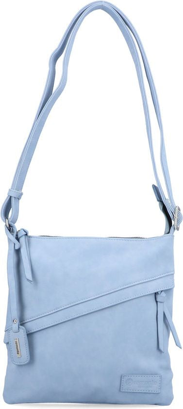 Light blue crossbody bag with adjustable strap and front flap.