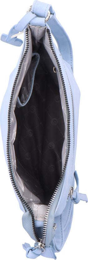 Light blue handbag with a zipper opening showing a gray lining.