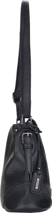 A black leather crossbody bag with a thin strap, buckle detail, and a rectangular tag.