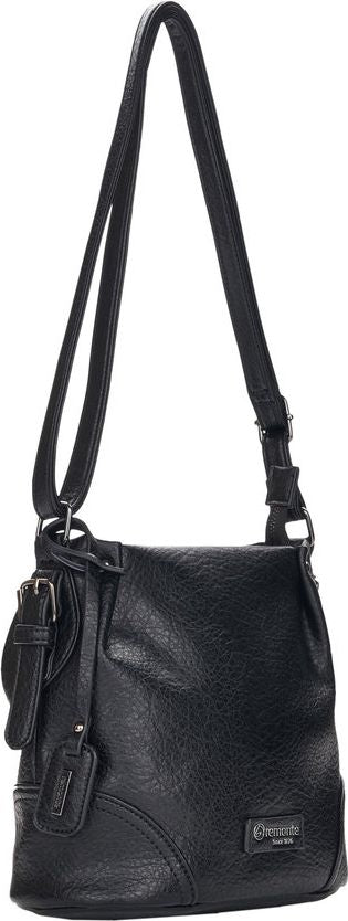 Black shoulder bag with a long strap and buckle detailing.