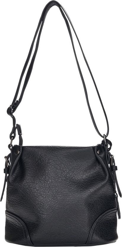 A black cross body bag with long black straps.
