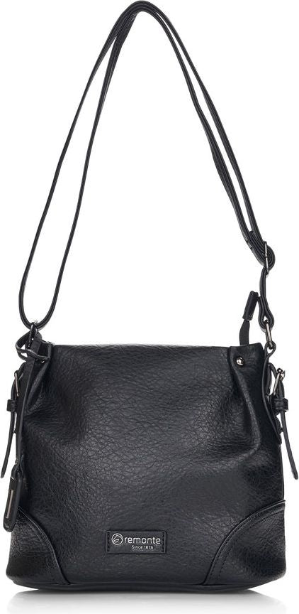 A black handbag with a long shoulder strap.