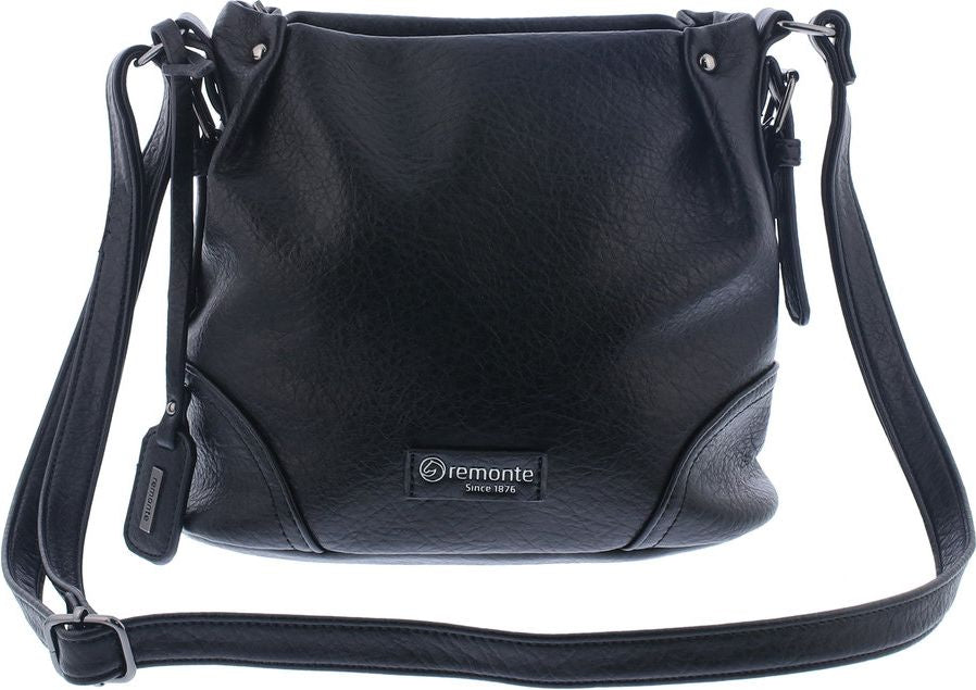 Black shoulder bag with adjustable strap and visible label "remonte since 1876".