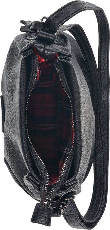 An open, black, faux leather purse with a red, plaid lining and silver zipper.