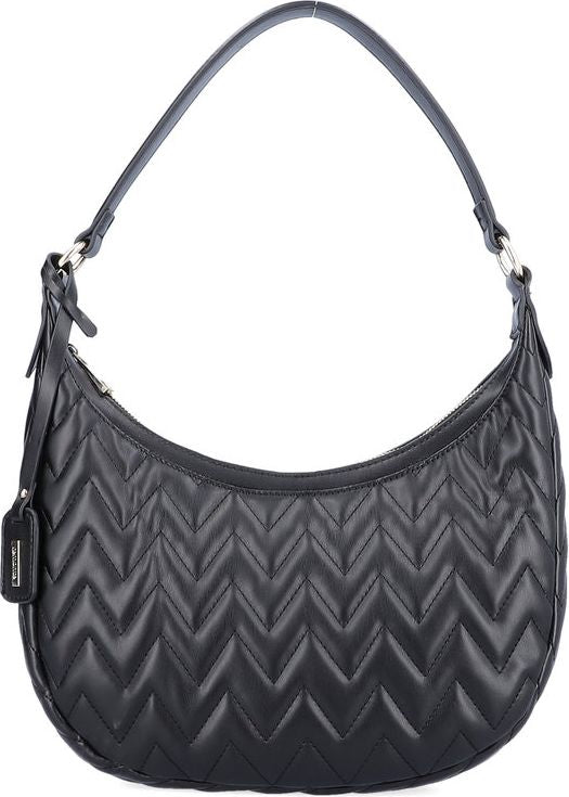 Black quilted crescent shoulder bag with a handle and rectangular label.