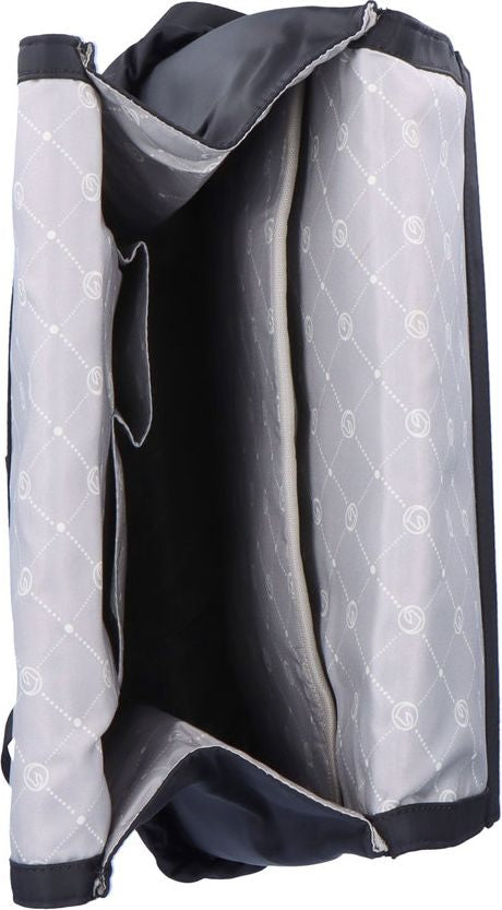 Open black bag with light gray patterned lining showing multiple pockets.