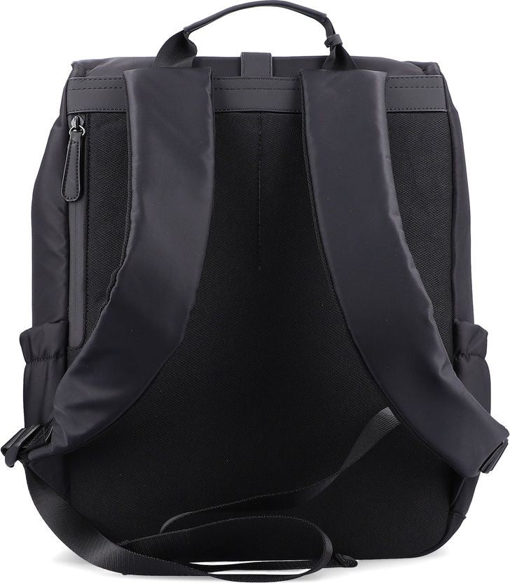 Black backpack with adjustable straps and zipper pocket.