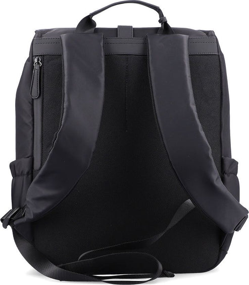 Black backpack with adjustable straps and zipper pocket.
