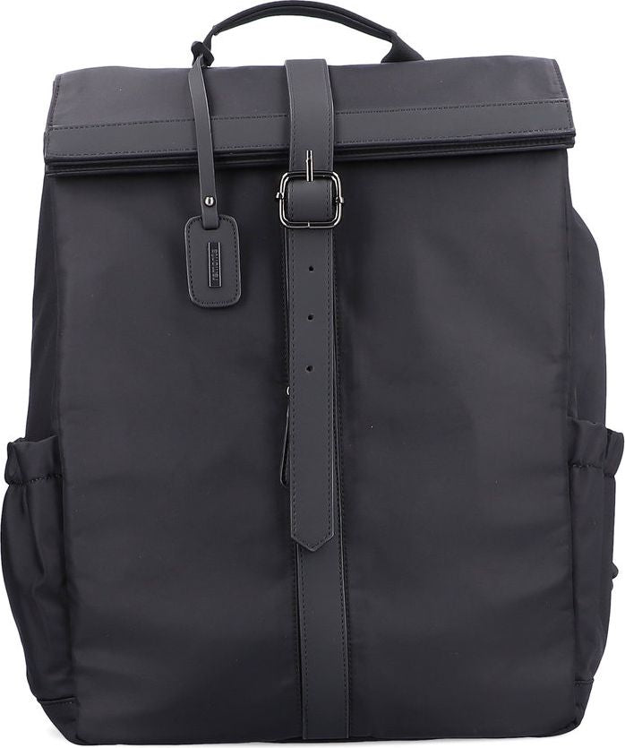 A black backpack with a flap top closure secured by a vertical strap and buckle, side pockets and a carrying handle.