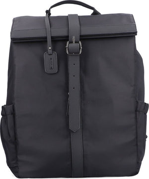 A black backpack with a flap top closure secured by a vertical strap and buckle, side pockets and a carrying handle.