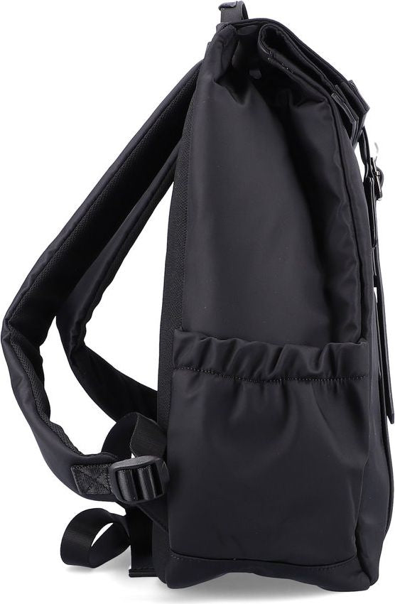 Side view of black backpack with shoulder strap, clip closure, and side pouch.