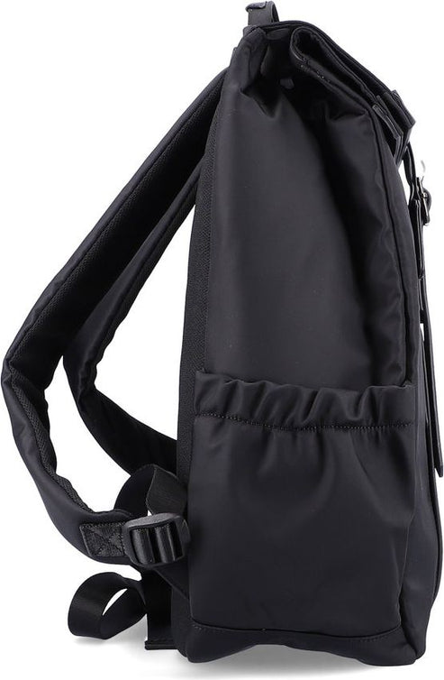 Side view of black backpack with shoulder strap, clip closure, and side pouch.