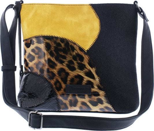 Shoulder bag with blocks of golden yellow, black, leopard print, and black snakeskin pattern.