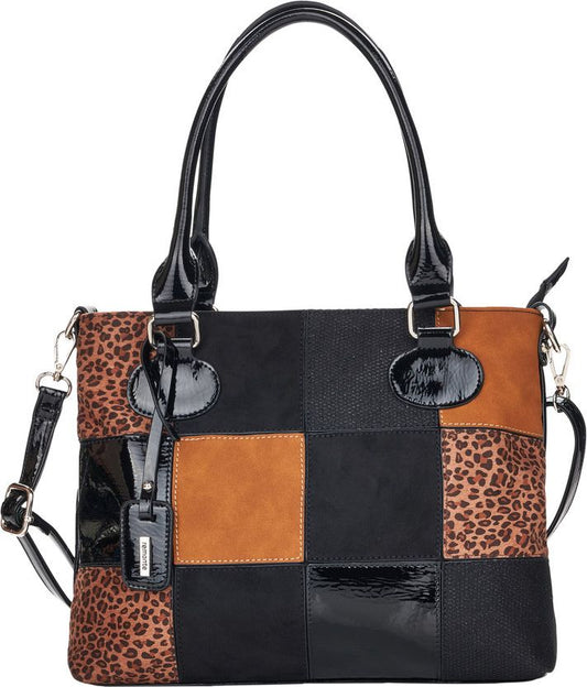 Patchwork tote bag with patent leather handles and a detachable shoulder strap. The patches are black, brown and leopard print.
