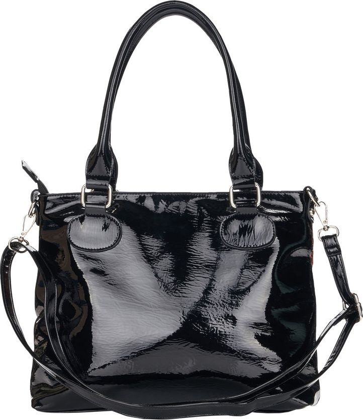 Black patent leather purse with top handles and crossbody strap.