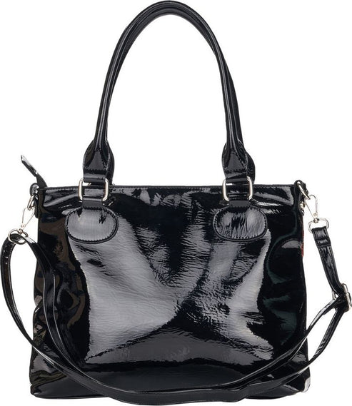 Black patent leather purse with top handles and crossbody strap.