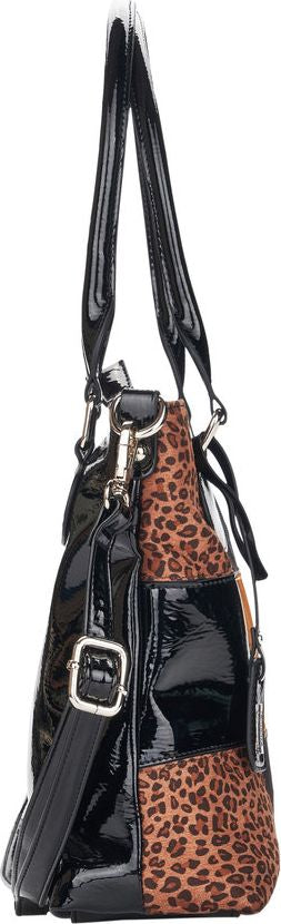 A black patent leather handbag with animal print accents and shoulder strap.