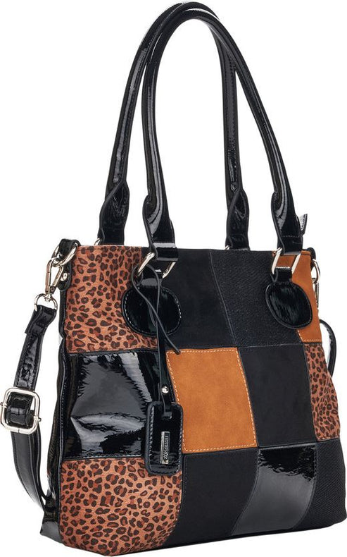 A patchwork shoulder bag with animal print and black patent leather, equipped with thin black handles and a thick black crossbody strap.