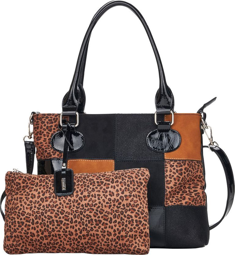 Tote bag with leopard, black and brown square panels, two top handles, and a removable leopard print pouch.