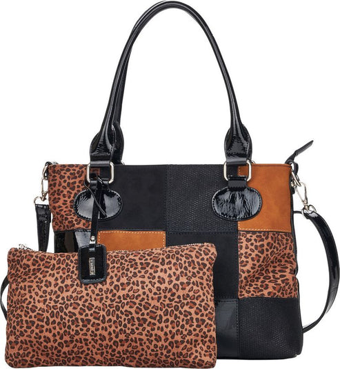 Tote bag with leopard, black and brown square panels, two top handles, and a removable leopard print pouch.