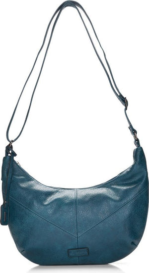 Teal, moon-shaped hobo bag with an adjustable shoulder strap.