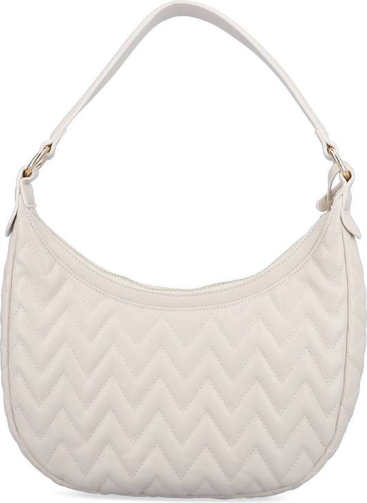 White quilted crescent bag with a shoulder strap.