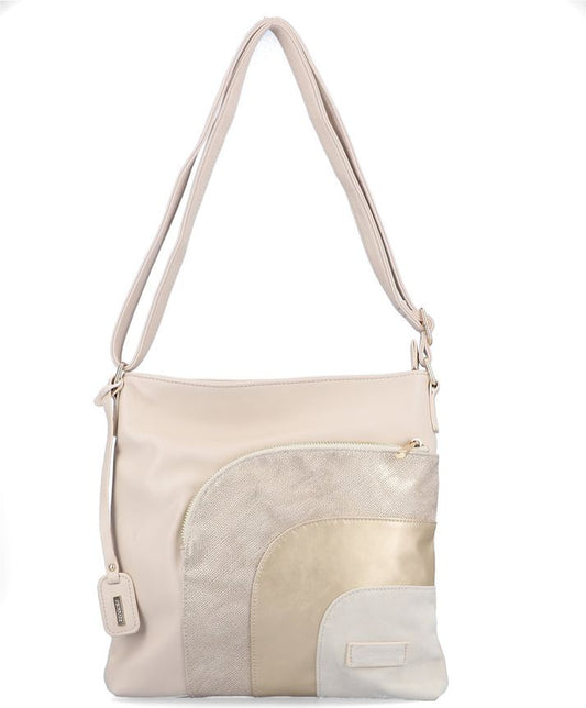 Off-white purse with a shoulder strap and a front pocket.