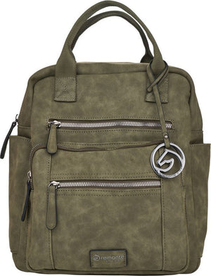 Olive-green backpack with top handles, multiple zippered pockets, side pouches and silver horse-head logo.