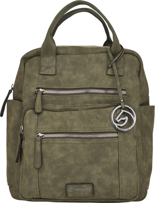 Olive-green backpack with top handles, multiple zippered pockets, side pouches and silver horse-head logo.