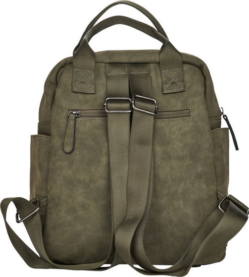 Olive-green faux-leather backpack with a top handle, adjustable straps, side pockets, and a zippered back pocket.