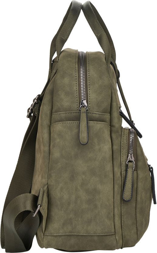 Olive green backpack with zippered pockets and straps.