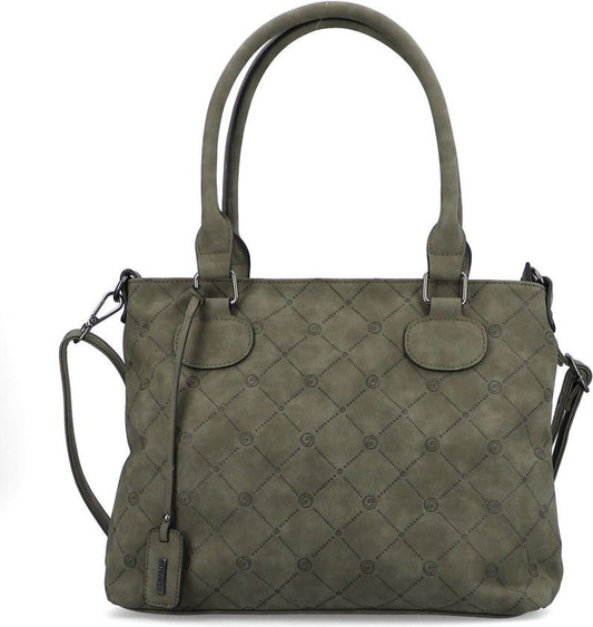 Olive green handbag with diamond stitching and shoulder strap.