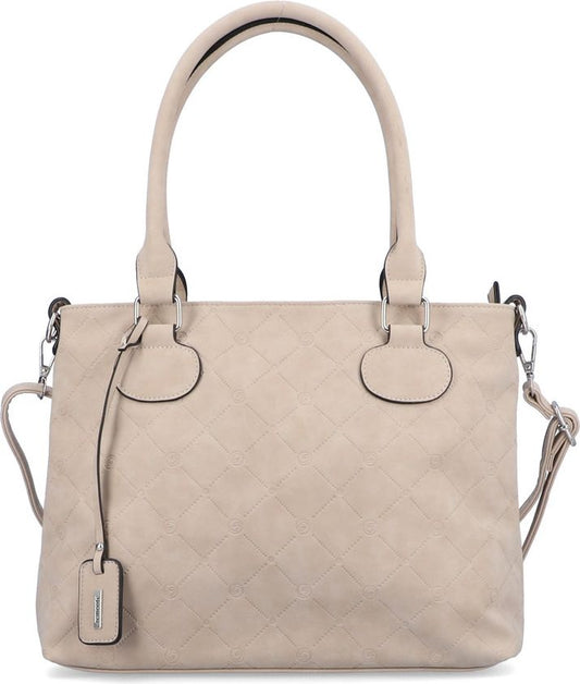 Beige, quilted, top-handle bag with an optional shoulder strap and a hanging tag.