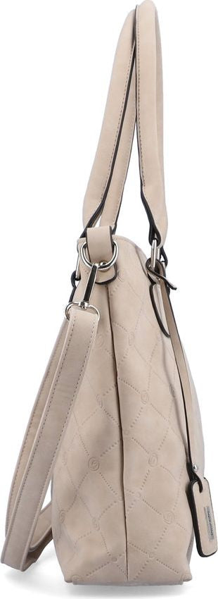 Beige handbag with diamond pattern.