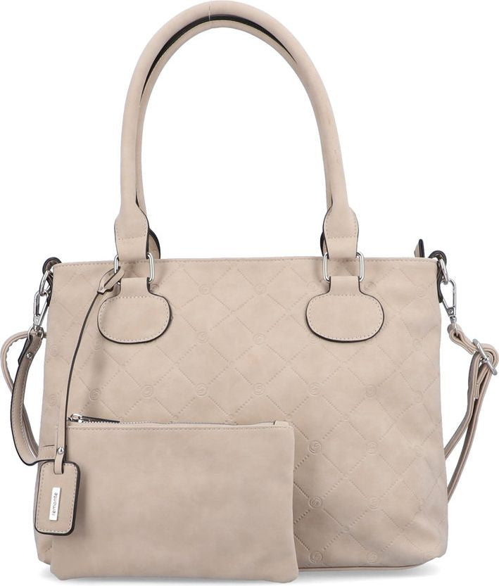 Beige tote bag with diamond pattern, handles, and detachable small pouch.
