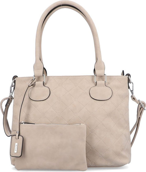 Beige tote bag with diamond pattern, handles, and detachable small pouch.