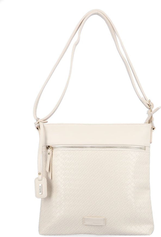 Beige crossbody bag with front zipper pocket and adjustable shoulder strap.