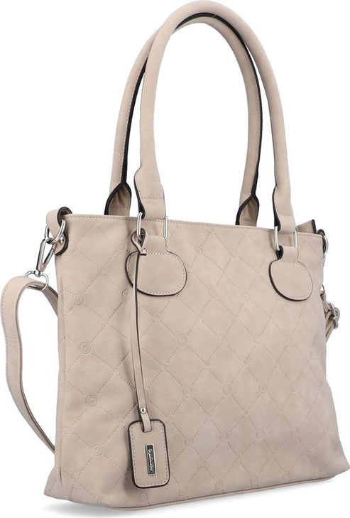 Beige tote bag with diamond stitching, top handles, and shoulder strap.