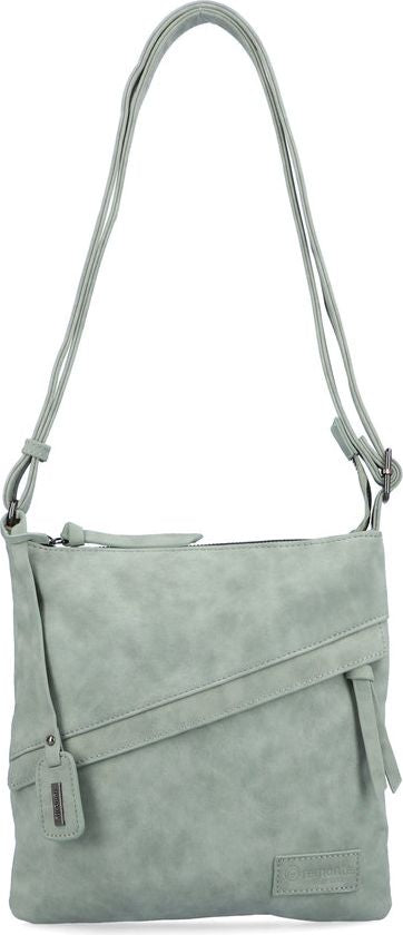 A sage green crossbody bag with an adjustable strap and a diagonal decorative accent.