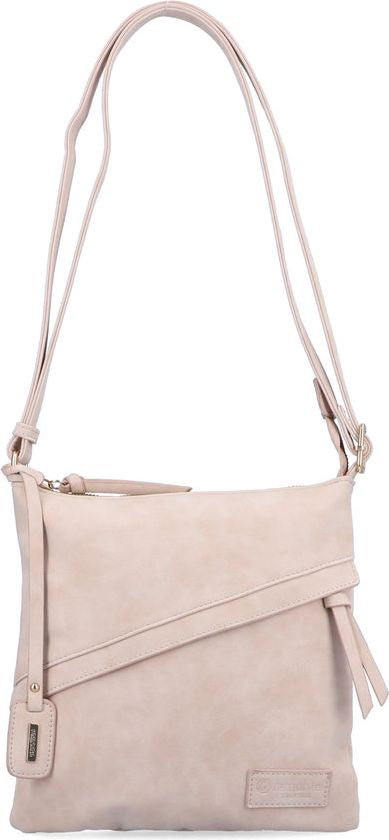 Shoulder bag with a crossbody strap, a diagonally placed decorative flap, and tassel details.