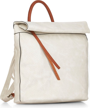 Beige backpack with brown straps and top handle.