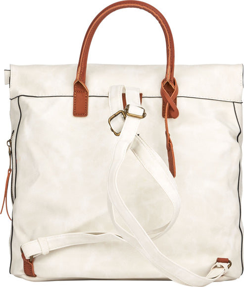 White tote bag with brown leather handles and white straps.