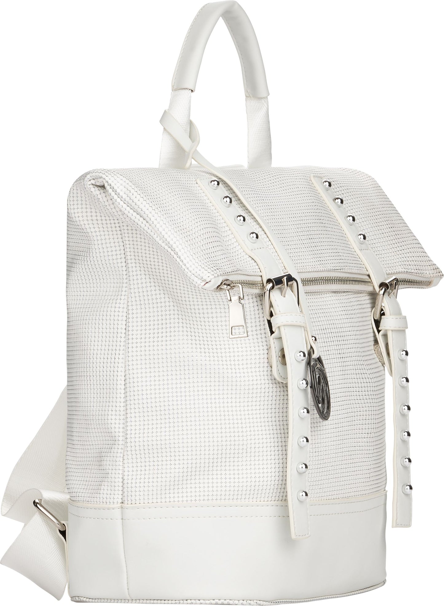 White backpack with fold over top and belted closure.