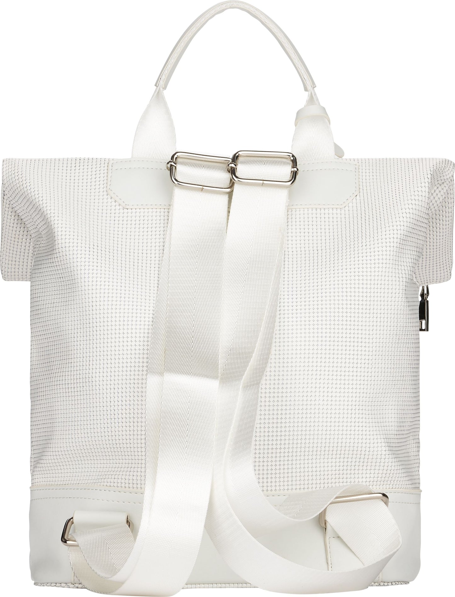 White backpack rear view with two adjustable straps and top handle.