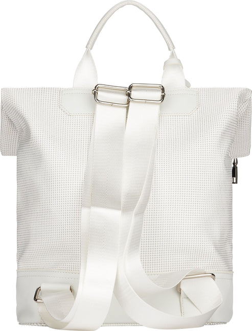 White backpack rear view with two adjustable straps and top handle.