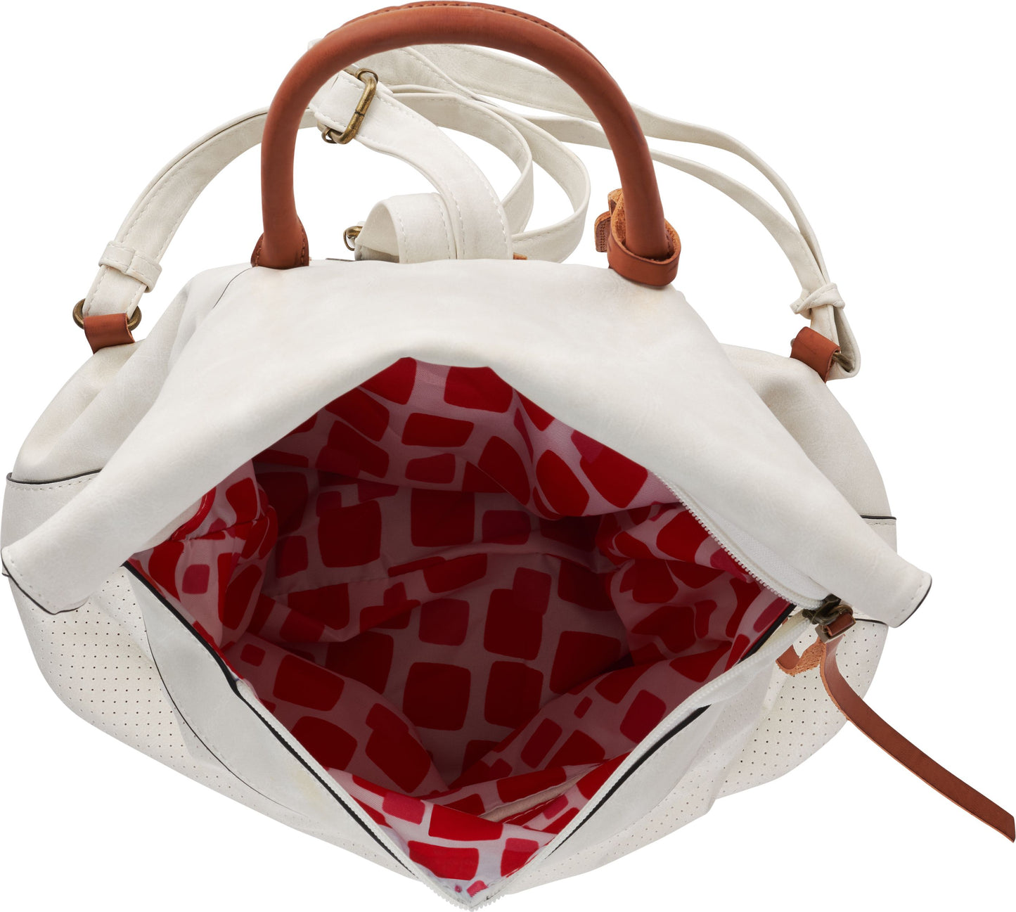 An open white tote bag with brown handles and a red patterned interior.